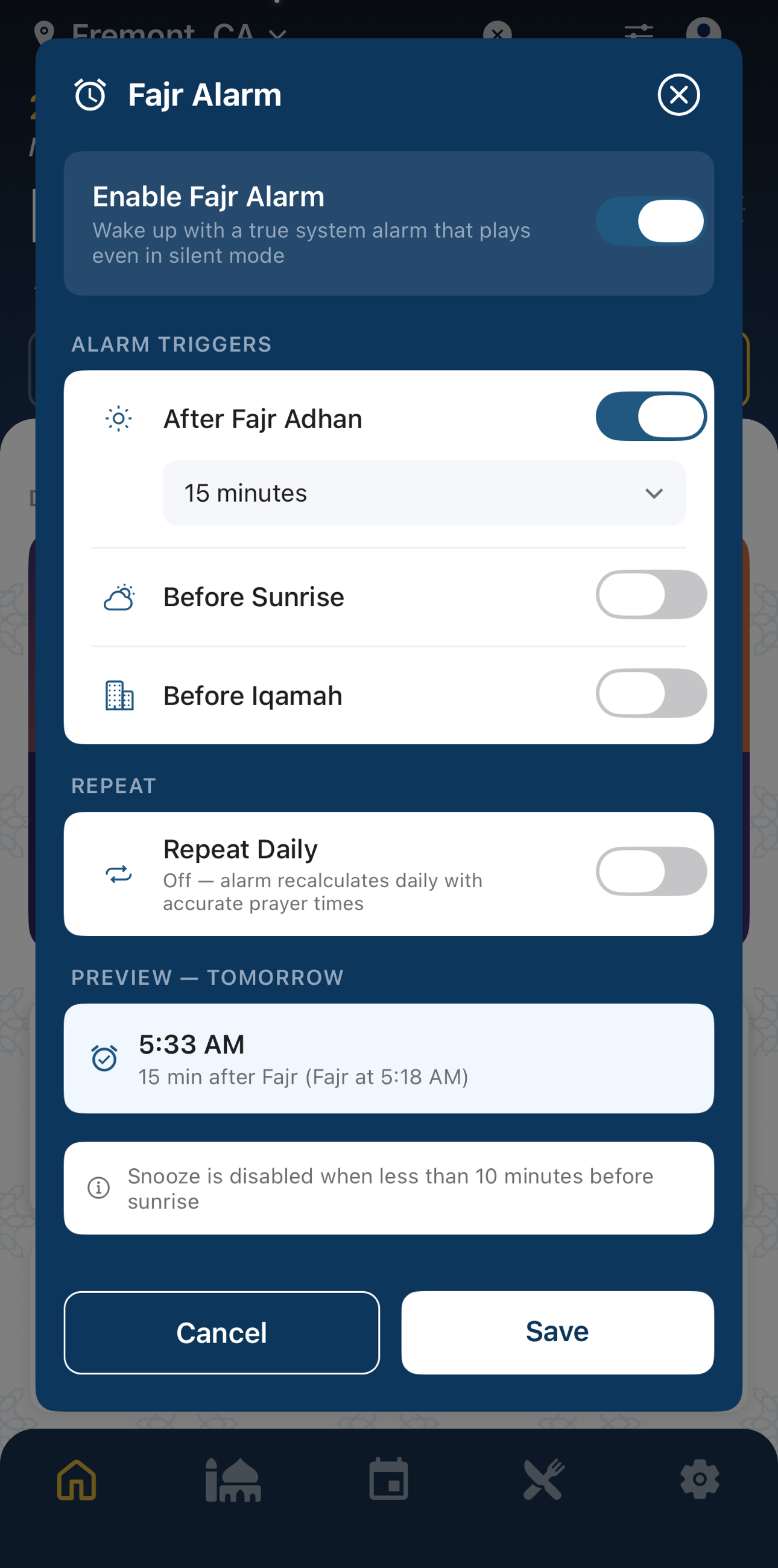 Setting the Fajr alarm