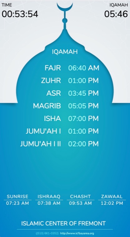 Portrait layout with a mosque silhouette and the day’s iqamah times