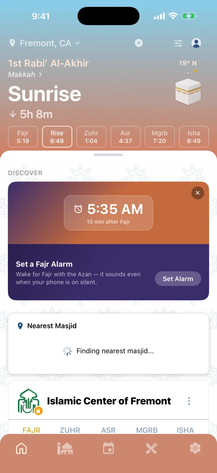 The Masjidi home screen during Sunrise